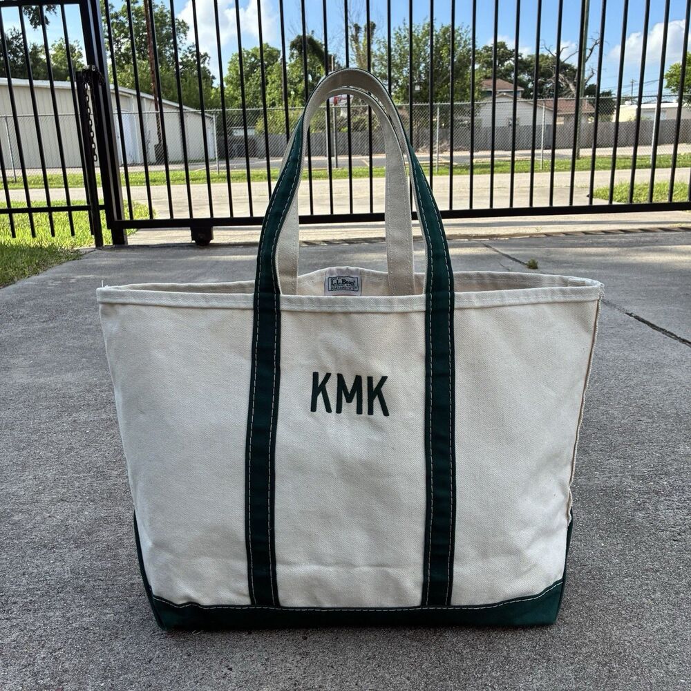Vtg Large Size Boat And Tote L L Bean 2 Line Green Label 1980’s Stiff Canvas